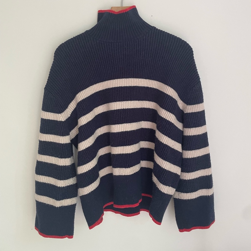 Zara Blue Striped Sweater with Red Trim